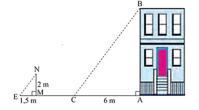 Bóng của một căn nhà trên mặt đất có độ dài 6m. Cùng thời điểm đó, một cọc sắt cao \(2m\) cắm vuông góc với mặt đất có bóng dài 1,5m (Hình 1). Tính chiều cao ngôi nhà (ảnh 1)