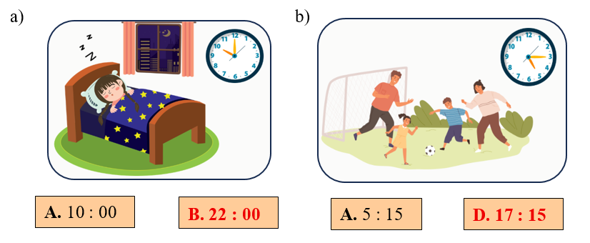 Chọn đồng hồ chỉ thời gian thích hợp với mỗi bức tranh. (ảnh 2)