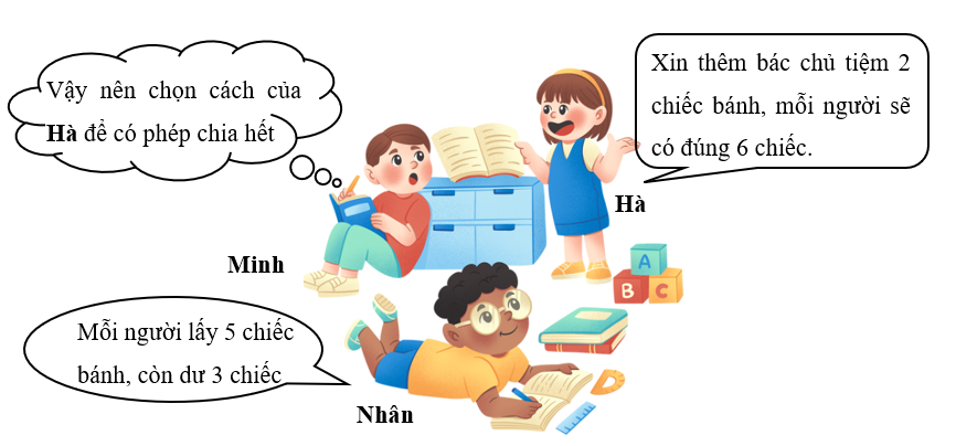Hoàn thiện chỗ chấm sau. Bác chủ tiệm bánh đưa cho 5 bạn nhỏ tổng cộng 28 chiếc bánh. Các bạn chia đều số bánh như sau: (ảnh 2)