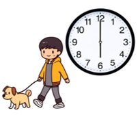 Quan sát tranh và điền vào chỗ trống:     Buổi sáng, anh Huy dắt chó đi dạo lúc .... giờ. (ảnh 1)