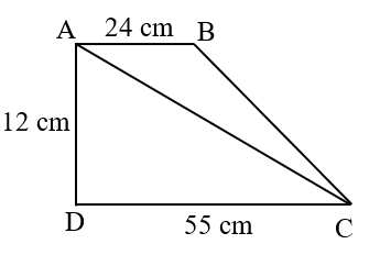 Cho hình thang vuông \(ABCD\) có AB = 24 cm, AD = 12 cm, DC = 55 cm. Nối A với C ta được hai tam giác ABC và ADC . (ảnh 2)
