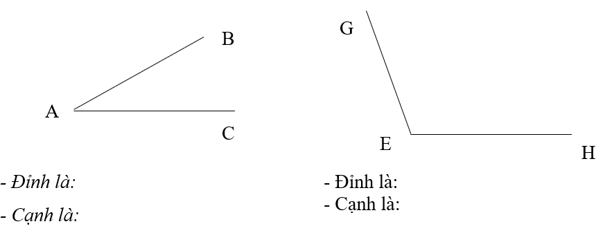 Nêu tên đỉnh và cạnh của các góc. (ảnh 1)