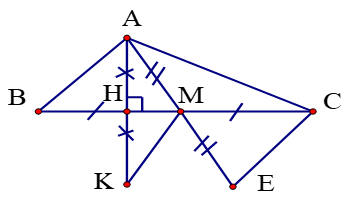 Cho tam giác ABC có AB < AC, M là trung điểm của BC. Trên tia đối của tia MA, lấy điểm E sao cho ME = MA.  a) Chứng minh: tam giác AMB = tam giác EMC (ảnh 1)
