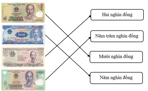 Em hãy giúp bạn Hoa tìm tiền bị mất bằng cách nối mệnh giá tiền với hình tương ứng:  (ảnh 2)