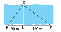 Người ta đo khoảng cách giữa hai điểm D và K ở hai bờ một dòng sông (Hình 2). Cho biết KE = 90m, KF = 160m. Tính khoảng cách DK (ảnh 1)