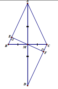 Cho tam giác ABC có AB = AC. Gọi M là trung điểm của BC.  a) Chứng minh tam giác ABM = tam giác ACM.  b) Trên tia đối của tia MA lấy điểm D sao cho MD = MA. Chứng minh AB song song DC (ảnh 1)