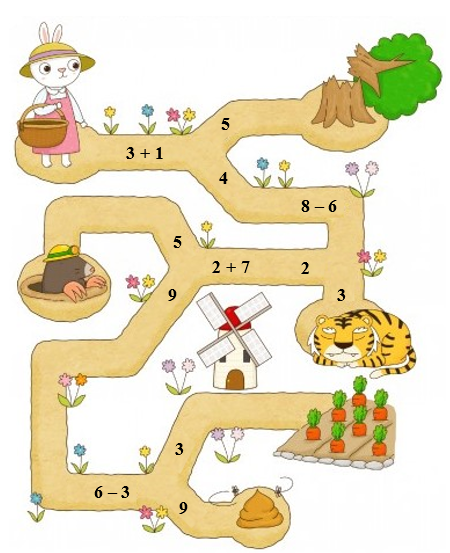 Giúp thỏ đi hái cà rốt bằng cách giải các phép tính trên đường đi. (ảnh 1)