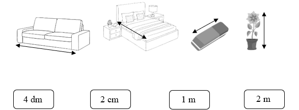 Tìm vật với số đo độ dài thích hợp trong thực tế:  (ảnh 1)