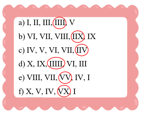 Trong mỗi hàng, có 1 chữ số La Mã viết sai. Khoanh tròn số sai đó. (ảnh 2)