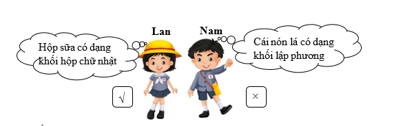 Trả lời câu hỏi sau:     Hãy điền dấu √ vào ô trống bên cạnh bạn nói đúng và dấu × bên bạn nói sai. Sau đó hãy cùng các bạn trong lớp tìm thêm các đồ vật có dạng khối lập phương và khối hộp chữ nhật xung quanh em nhé! (ảnh 2)