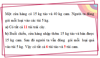 Điền số thích hợp vào chỗ chấm:Một cửa hàng có 15 kg táo và 40 kg cam. Người ta đóng gói mỗi loại vào các túi 5 kg. a) Có tất cả …….... túi trái cây. (ảnh 2)