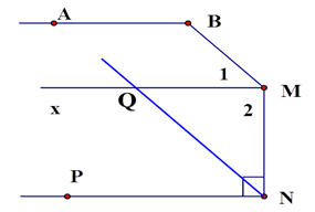 Cho hình vẽ biết AB song song Mx, MN và NP vuông góc với nhau, góc {ABM} = góc {BMN} = 135 độ. 1) Tính số đo các góc góc M1, góc M2 (ảnh 2)