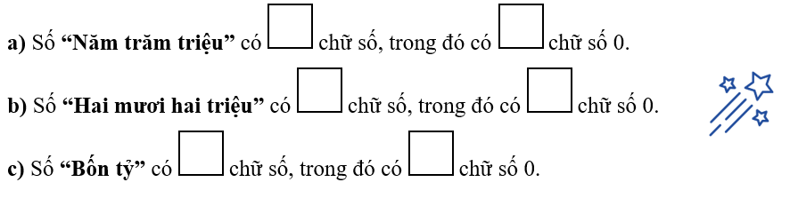Số? a) Số “Năm trăm triệu” có   chữ số, trong đó có   chữ số 0. (ảnh 1)