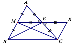 Cho tam giác ABC có ba góc nhọn. Gọi BE và CM là hai trung tuyến của tam giác ABC ( E thuộc AC,M thuộc AB). Trên tia đối của tia EM vẽ điểm K sao cho EM = EK.  a) Chứng minh tam giác AME = tam giác CKE và CK//MA (ảnh 1)