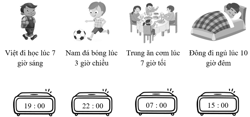 Nối đồng hồ chỉ thời gian thích hợp với mỗi bức tranh. (ảnh 1)