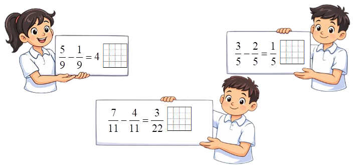 Đúng ghi Đ, sai ghi S?  5/9 - 1/9 = 4  (ảnh 1)