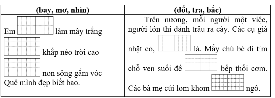 Tìm động từ trong ngoặc đơn điền vào chỗ chấm thích hợp trong đoạn văn, đoạn thơ sau: (ảnh 1)