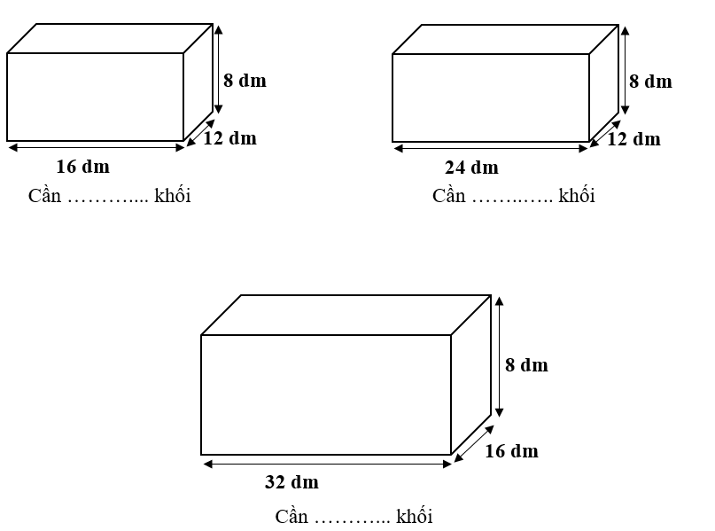 Điền số khối hình lập phương cạnh 4 cm cần dùng để xếp đầy các hình hộp dưới đây. (ảnh 1)