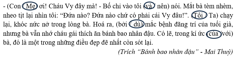 Khoanh tròn vào từ ngữ phù hợp trong ngoặc để hoàn thành đoạn văn sau:  - (Con/ Mẹ) ơi! Cháu Vy đây mà! (ảnh 1)