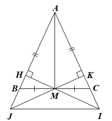 Cho tam giác ABC cân tại A. Gọi M là trung điểm của BC.  a) Chứng minh tam giác ABM = tam giác ACM b) Qua M kẻ MH,MK  lần lượt vuông góc với AB, AC (H thuộc AB, K thuộc AC.Chứng minh MH = MK (ảnh 1)