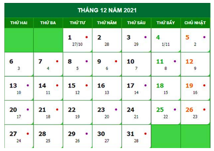 Xem tờ lịch tháng 12 năm 2021 dưới đây và trả lời câu hỏi:  a) Ngày 22 tháng 12 là thứ mấy?  (ảnh 1)