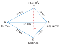 a) Cho tam giác ABC có cạnh AB = 2;BC = 5; góc  B = 120 độ. Tính AC và bán kính đường tròn ngoại tiếp tam giác ABC. b) Trên bản đồ địa lí, người ta thường gọi tứ giác với bốn đỉnh lần lượt là các thành phố Hà Tiên, Châu Đốc, Long Xuyên, Rạch Giá  (ảnh 1)