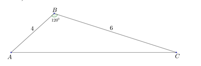 Cho tam giác ABC có AB = 4, BC = 6, góc {ABC} = 120 độ (tham khảo hình vẽ bên dưới) Tính độ dài cạnh AC và độ dài đường cao BH của tam giác ABC (ảnh 1)