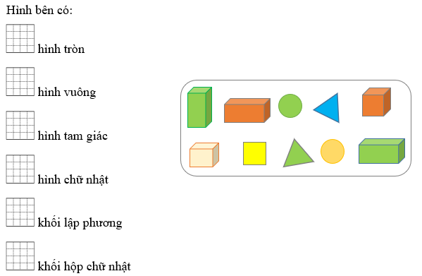 Hình bên có: .... hình tròn .... hình vuông .... hình tam giác ..... hình chữ nhật (ảnh 1)