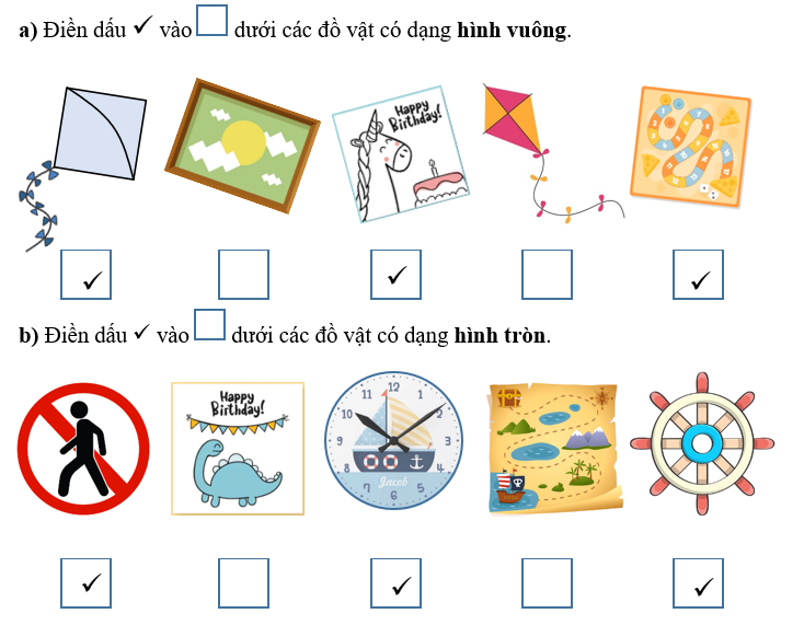a) Điền dấu V vào ô trống  dưới các đồ vật có dạng hình vuông. (ảnh 5)