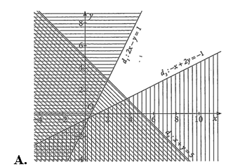 Miền nghiệm của hệ bất phương trình bậc nhất hai ẩn 2x - y < 1; x + y < 5;  - x + 2y >  - 1  là (ảnh 1)