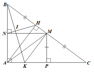 Cho vuông góc ABC vuông tại A, (AB < AC) có trung tuyến AM Kẻ MN vuông góc AB và MP vuông góc AC (N thuộc AB; P thuộc AC).  a) Tứ giác ANMP là hình gì? Vì sao? (ảnh 1)