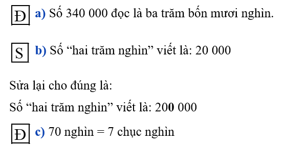 Đúng ghi Đ, sai ghi S.   a) Số 340 000 đọc là ba trăm bốn mươi nghìn (ảnh 1)