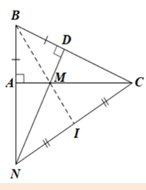 Cho tam giác ABC vuông tại A (AB < AC). Trên cạnh BC lấy điểm D sao cho BD = BA. Đường thẳng vuông góc với BC tại D cắt cạnh AC tại M, cắt tia BA tại N. a) Chứng minh tam giác ABM  = tam giác DBM (ảnh 1)