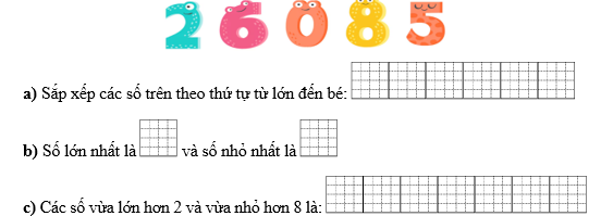 Cho các số:  2 6 0 8 5 a) Sắp xếp các số trên theo thứ tự từ lớn đến bé:  (ảnh 1)