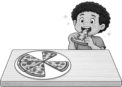 Viết phân số thích hợp vào ô trống.  Phân số chỉ:  • Số phần bánh pizza đã ăn là:  • Số phần bánh pizza còn lại là:  (ảnh 1)