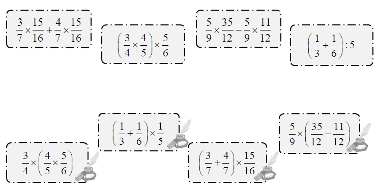 Nối các biểu thức có cùng giá trị.  3/7 x 15/1 + 4/7 x 15/16 (ảnh 1)
