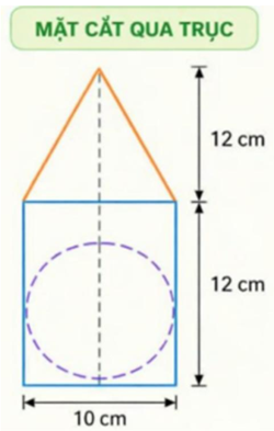 Trong xu hướng sản xuất hiện nay, một dụng cụ chứa chất lỏng được thiết kế gồm hai phần: Phần dưới là hình trụ có chiều cao h1 = 12 cm, đường kính đáy d = 10 cm. Phần trên là hình nón có cùng bán kính đáy với hình trụ (ảnh 1)