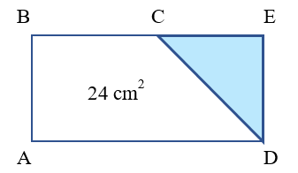 Cho hình thang vuông ABCD có diện tích 24 cm2, tổng độ dài hai đáy là 16 cm và đáy bé kém đáy lớn 4 cm. Kéo dài đáy bé của hình thang để được hình chữ nhật ABED. Tính diện tích hình tam giác CED. (ảnh 1)