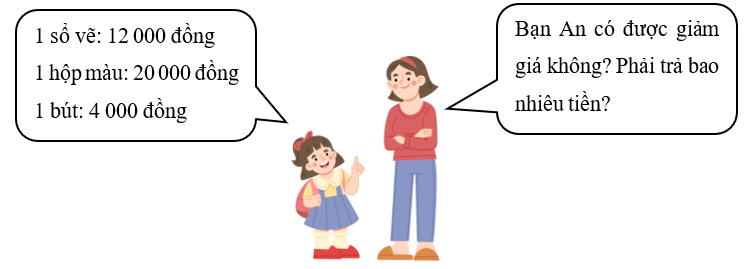 Trả lời câu hỏi sau. Trong hội chợ có phiếu giảm 5 000 đồng cho đơn hàng từ 30 000 đồng trở lên. Bạn An mua: (ảnh 1)