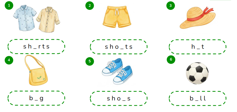 Complete the words.  s h _ r t s (ảnh 1)