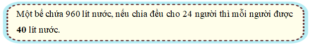 Số?Một bể chứa 960 lít nước, nếu chia đều cho 24 người thì mỗi người được ……. lít nước. (ảnh 1)