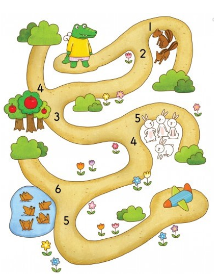 Em hãy giúp cá sấu về nhà bằng cách đếm và khoanh đúng số lượng các sự vật cá sấu gặp trên đường đi. (ảnh 1)