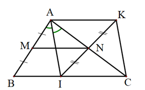 Cho tam giác ABC, M là trung điểm AB, vẽ MN song song BC với N thuộc AC  a) Chứng minh MN = 1/2 BC (ảnh 1)