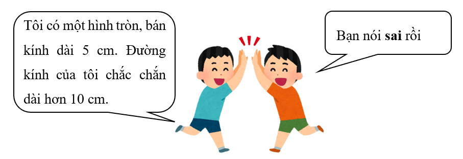 Điền “đúng” hay “sai” vào chỗ chấm. Tôi có một hình tròn, bán kính dài 5 cm. Đường kính của tôi chắc chắn dài hơn 10 cm. (ảnh 2)