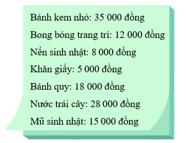 Thực hiện các yêu cầu sau. Mỗi nhóm nhận một bảng giá các món đồ cần cho buổi tiệc sinh nhật. (ảnh 1)