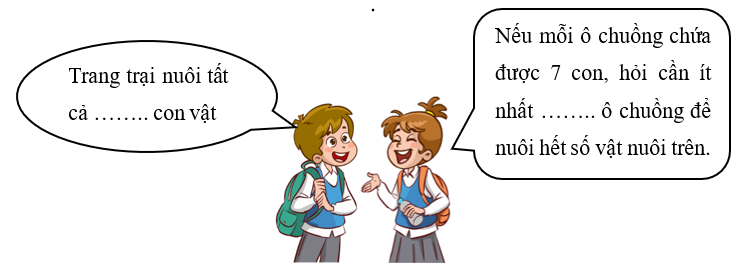 Điền số thích hợp vào chỗ chấm. Một trang trại có 3 khu nuôi gà, mỗi khu nuôi 2 300 con gà. Ngoài ra còn có 1 500 con vịt. (ảnh 1)
