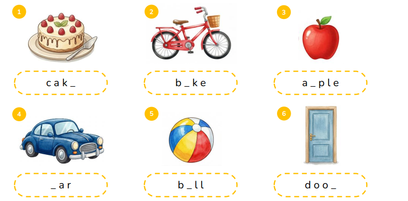Complete the words.  c a k _  (ảnh 1)