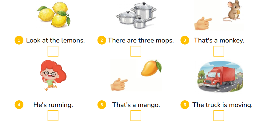 Look and tick (v) or cross (x). Look at the lemons. (ảnh 1)