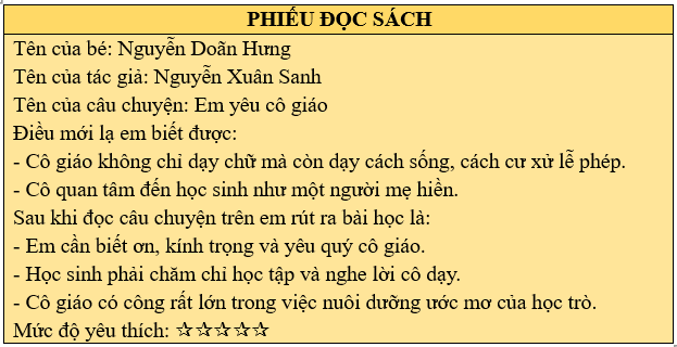 Em hãy đọc to bài thơ 3 lần, học thuộc bài thơ và hoàn thành phiếu đọc sách:  Em yêu cô giáo (ảnh 2)