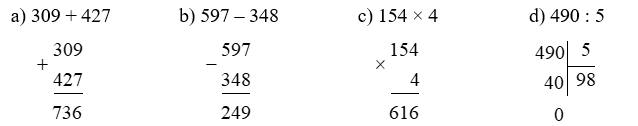 Đặt tính rồi tính a) 309 + 427 b) 597 – 348 (ảnh 1)